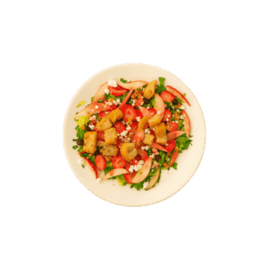 Ensalada con lechuga, fresa, uva, arándano, nuez y queso de cabra con vinagreta.