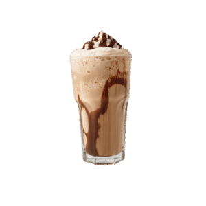 Vaso de frappé de café de 350 ml preparado con leche, chocolate y hielo, decorado con crema batida y chocolate líquido.