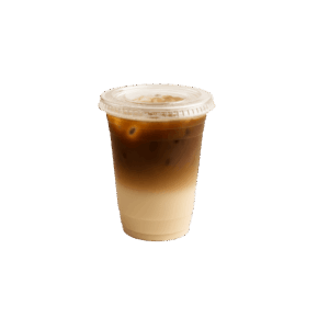 “Vaso de café latte de 350 ml preparado con leche y servido con hielo.