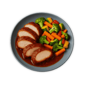 Jueves de lomo horneado adobado con mix de vegetales salteados